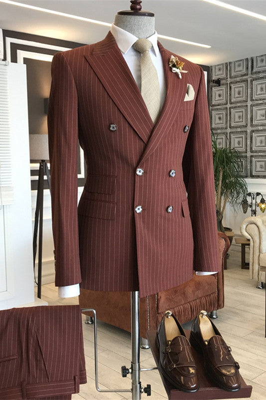 Chic Deep Red Peaked Lapel Double Breasted Striped Business Suit