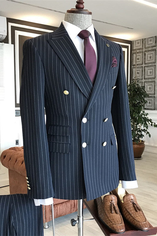 Navy Blue Double-Breasted Striped Peaked Lapel Business Suit