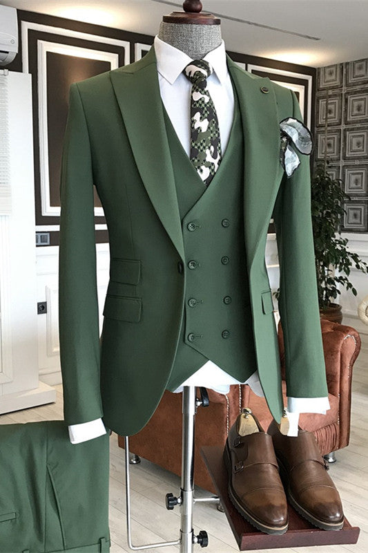 Modern Green Peaked Lapel 3-Piece Prom Suit