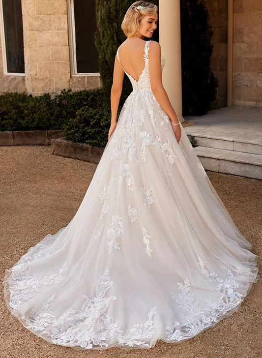 A-Line Gown Lace Wedding Dress With V-Neckline: