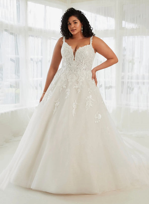 A-Line Gown Lace Wedding Dress With V-Neckline: