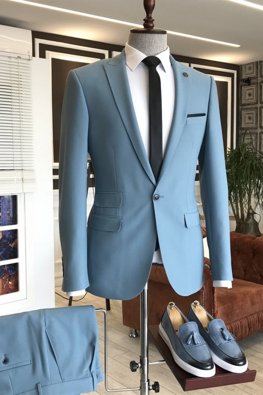 Fashion Blue Peaked Lapel 2-Piece Prom Suit