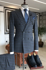 Stylish Navy Blue Peaked Lapel Double Breasted Plaid Business Suit