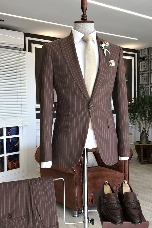 Formal Brown Peaked Lapel 2-Piece Striped Business Suit