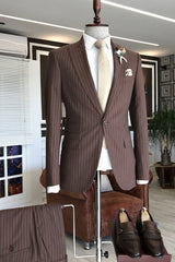 Formal Brown Peaked Lapel 2-Piece Striped Business Suit