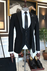 Black Three-Piece Peaked Lapel Business Suit