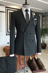 New Arrival Deep Gray Peaked Lapel Double Breasted Plaid Business Suit