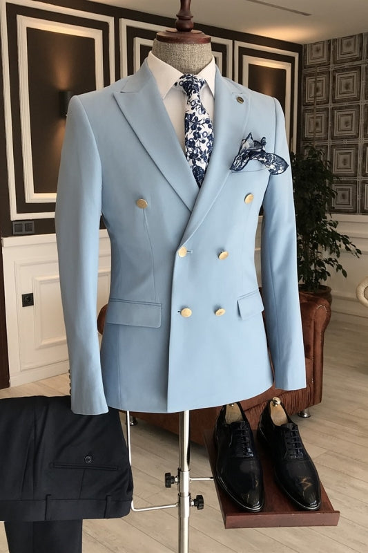 Sky Blue Peaked Lapel Double Breasted Bespoke Prom Suit