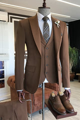 Fancy Brown Peaked Lapel 3-Piece Men's Business Suit