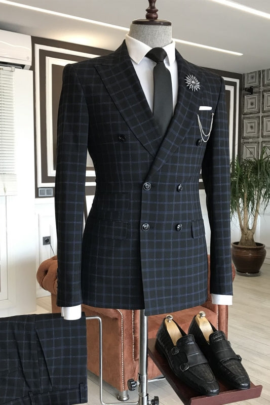 Simple Black Peaked Lapel Double Breasted Business Suit with Gray Plaid