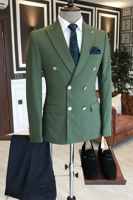 Fancy Green Peaked Lapel Double Breasted Prom Suit