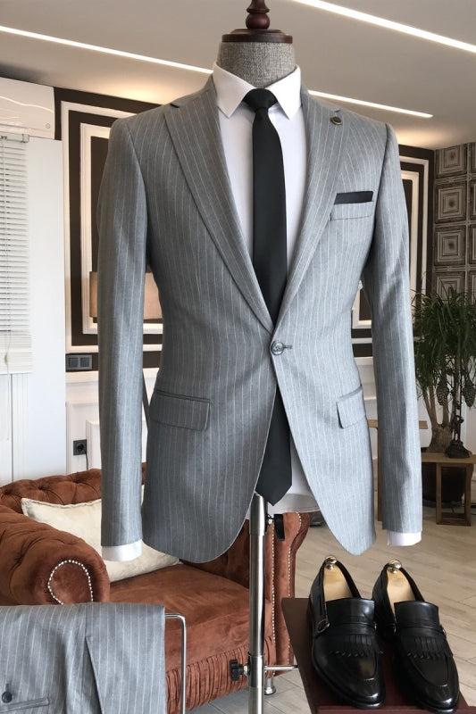 Gray Striped Notched Lapel 2-Piece Newest Business Suit