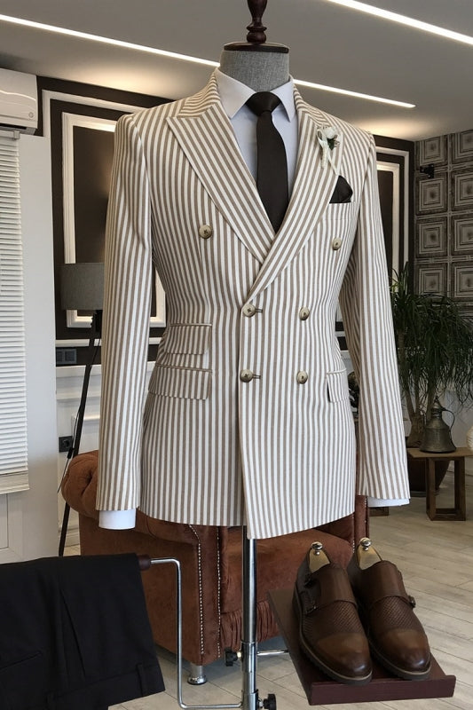 Simple Coffee Striped Peaked Lapel Double Breasted Business Suit