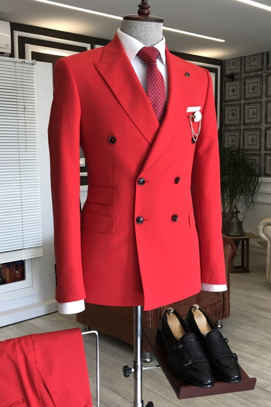 Modern Red Peaked Lapel Double Breasted Prom Suit