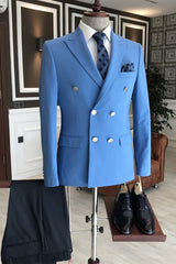 Blue Peaked Lapel Double Breasted Fashion Prom Suit