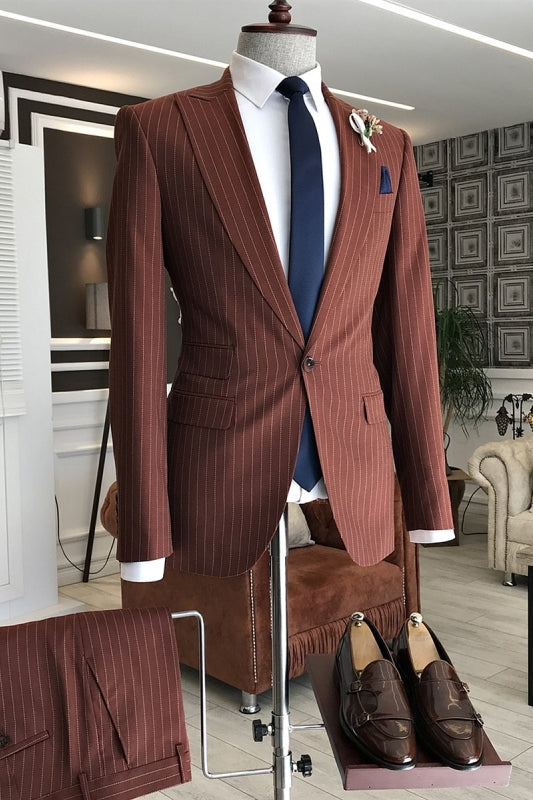 Chic Rufous Peaked Lapel 2-Piece Bespoke Striped Business Suit