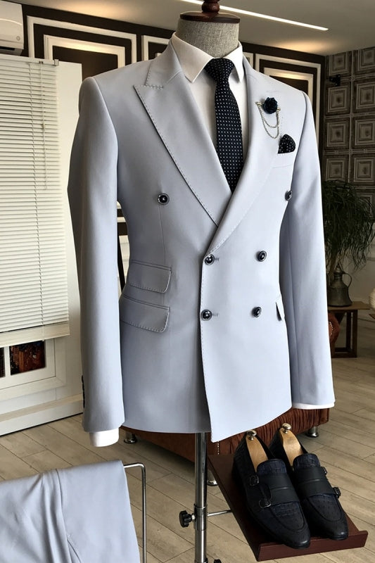 Light Blue Double-Breasted Peaked Lapel Prom Suit