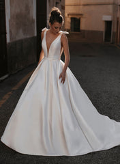 Sleek Ball-Gown Satin V-Neck Bridal Gowns