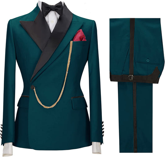 Glamorous Teal Blue Peaked Lapel 2-Piece Prom Suit