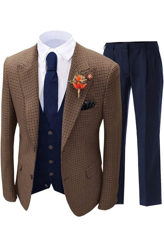 Formal Brown Plaid Peaked Lapel 3-Piece Business Suit