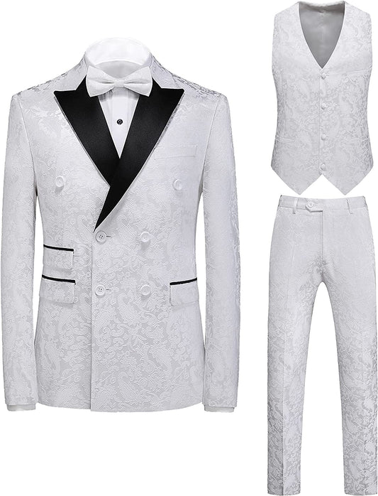 White Jacquard Three-Piece Double-Breasted Prom Suit