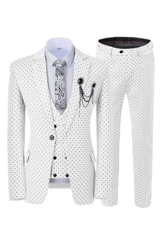 Bespoke White Notched Lapel 3-Piece Prom Suit with Black Dot