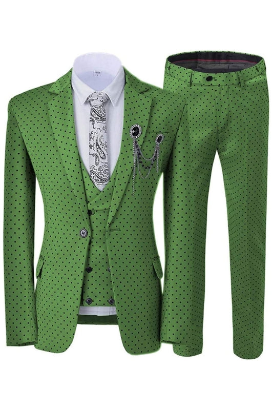 Green Notched Lapel 3-Piece Close Fitting Prom Suit with Black Dot