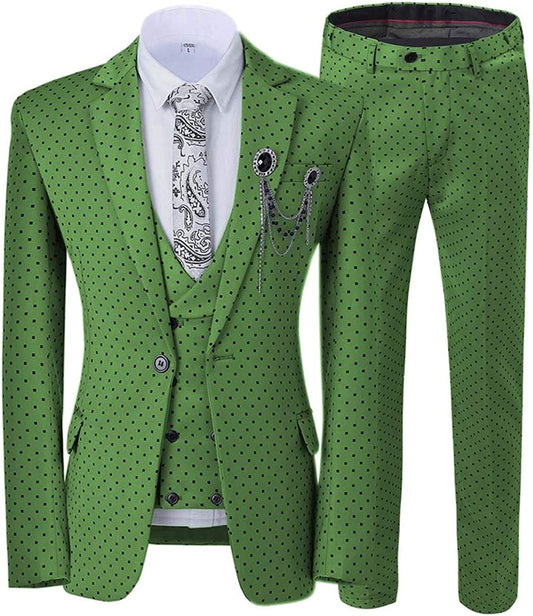 Green Notched Lapel 3-Piece Close Fitting Prom Suit with Black Dot