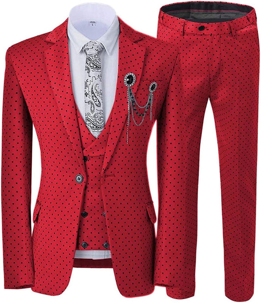 Glamorous Red Notched Lapel 3-Piece Prom Suit with Black Dot