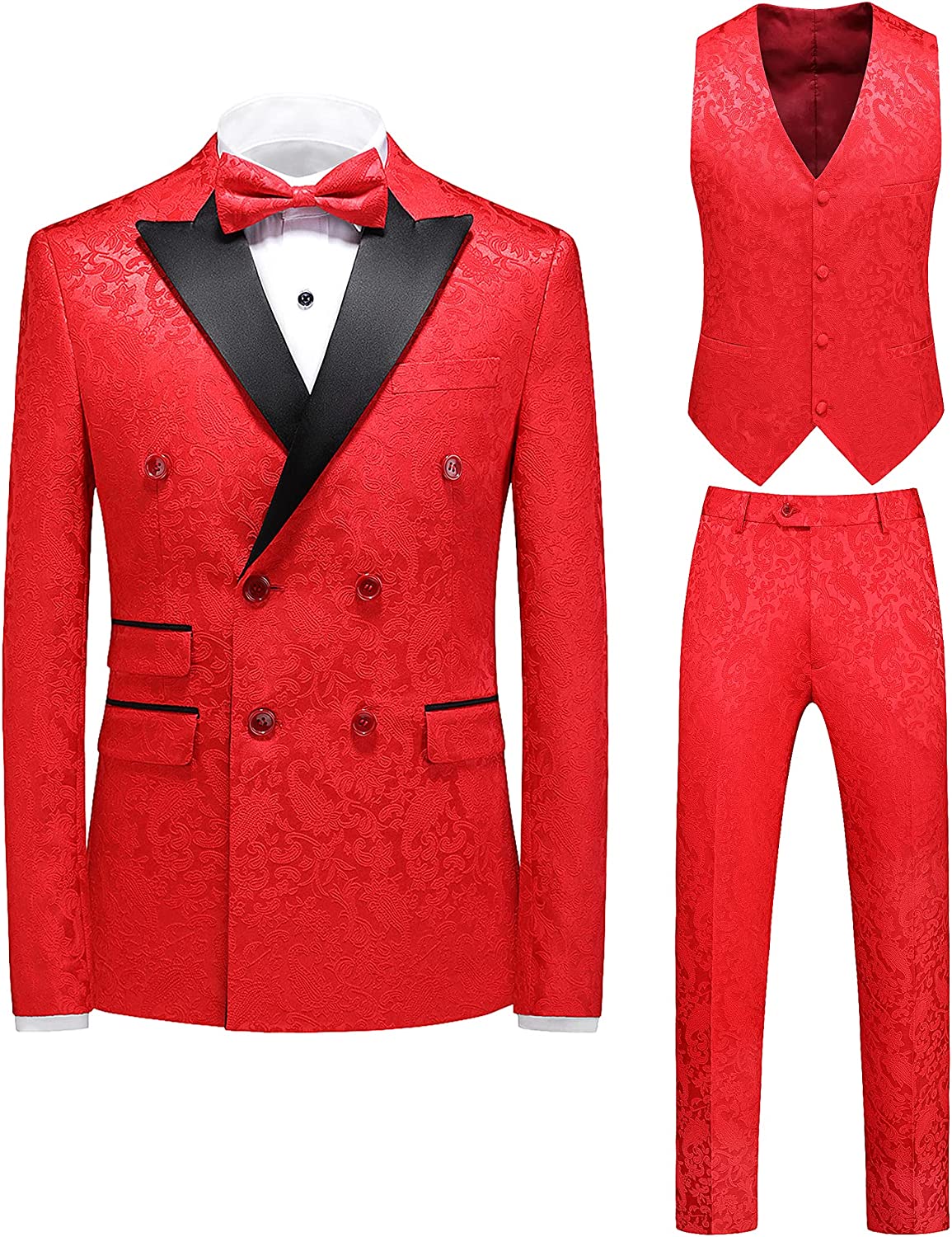 Red Three-Piece Double-Breasted Jacquard Prom Suit