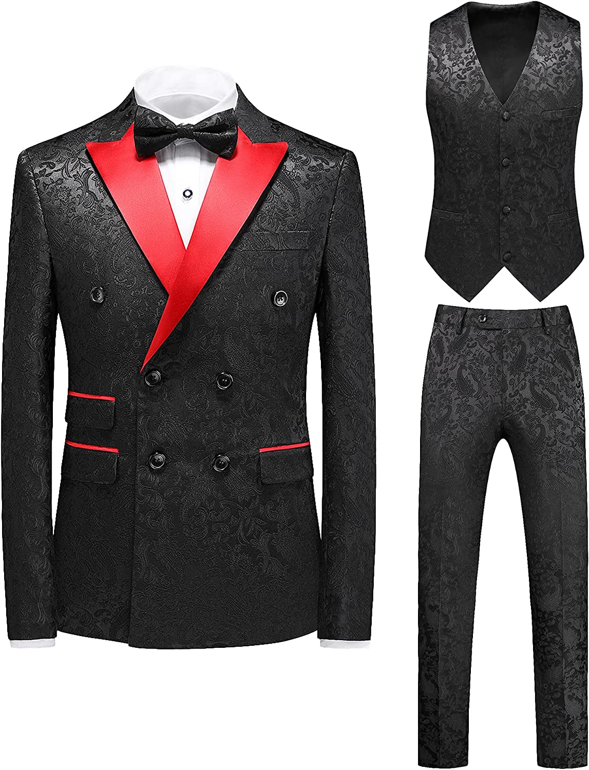 Formal Black Jacquard Double Breasted 3-Piece Prom Suit