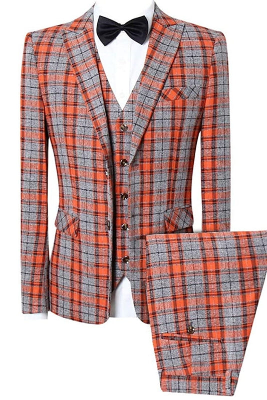 Orange Plaid Peaked Lapel 3-Piece Chic Business Suit