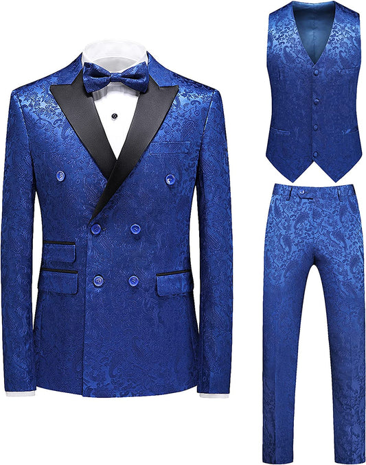 Newest Blue Jacquard Double Breasted 3-Piece Prom Suit