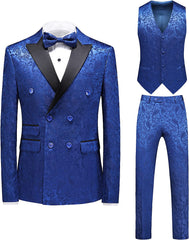 Newest Blue Jacquard Double Breasted 3-Piece Prom Suit