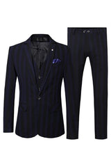 Formal Navy Blue Notched Lapel 3-Piece Striped Business Suit