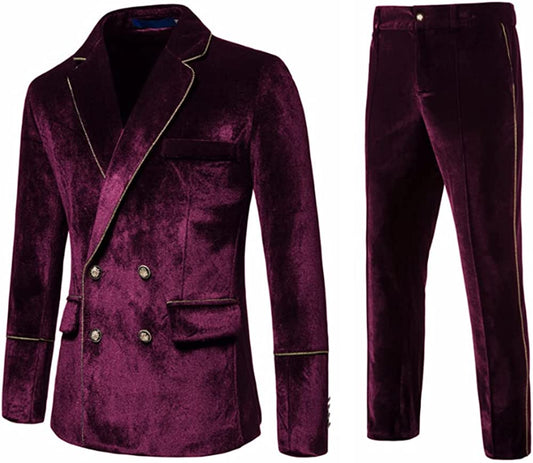 Glamorous Burgundy Notched Lapel Double Breasted Velvet Prom Suit