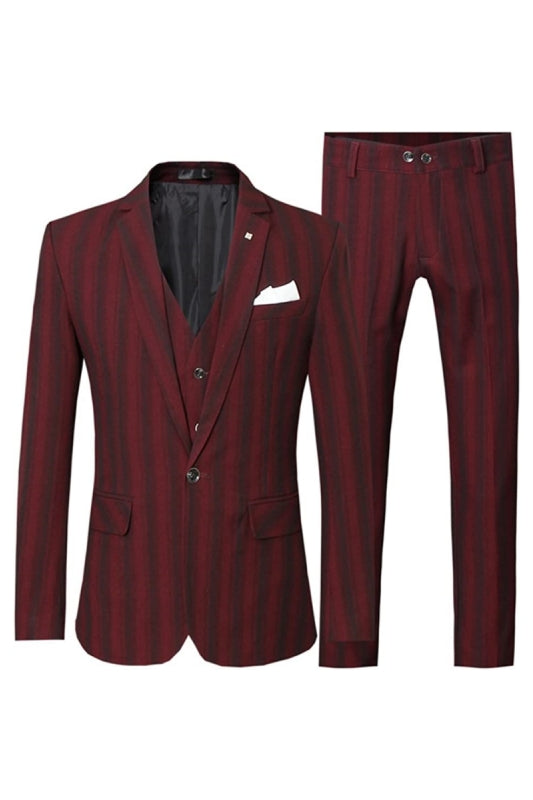 Deep Red Three-Piece Striped Notched Lapel Business Suit