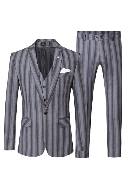 Bespoke Gray Striped Notched Lapel 3-Piece Business Suit