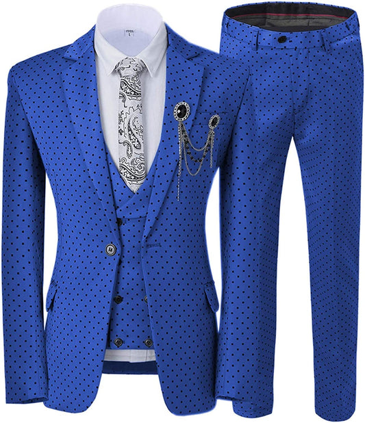 Royal Blue Three-Piece Notched Lapel Prom Suit with Black Dot