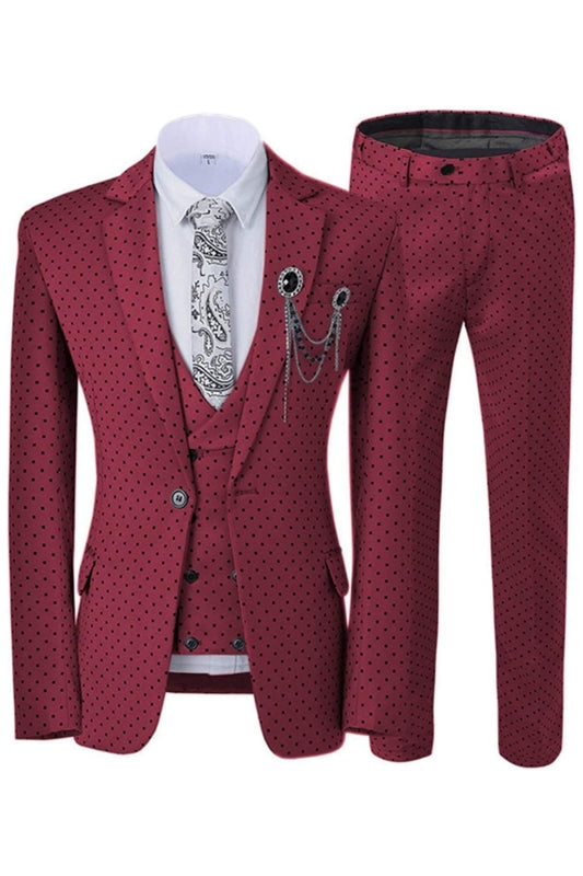 Chic Burgundy Notched Lapel 3-Piece Prom Suit with Black Dot