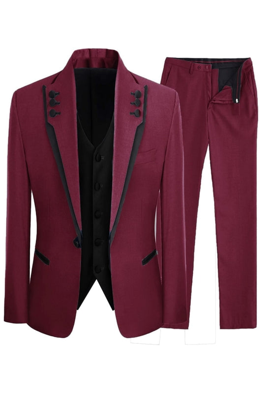 Burgundy Three-Piece Shawl Lapel Prom Suit