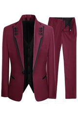 Burgundy Three-Piece Shawl Lapel Prom Suit