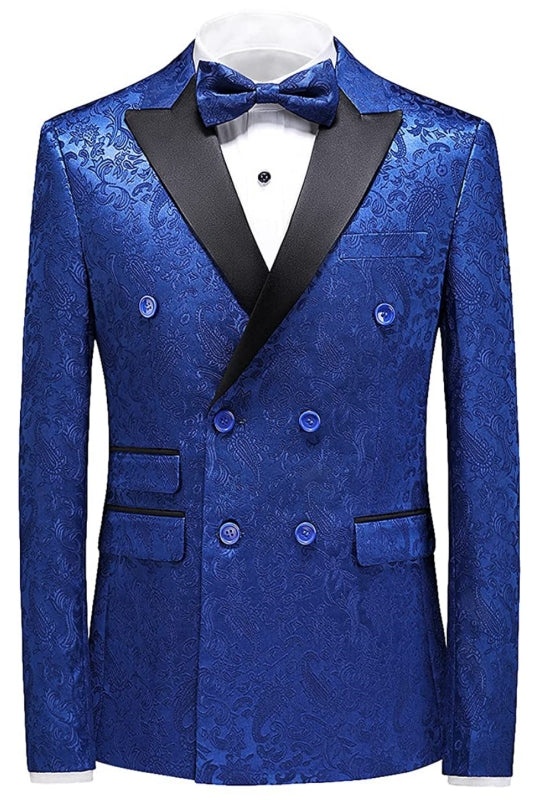 Newest Blue Jacquard Double Breasted 3-Piece Prom Suit