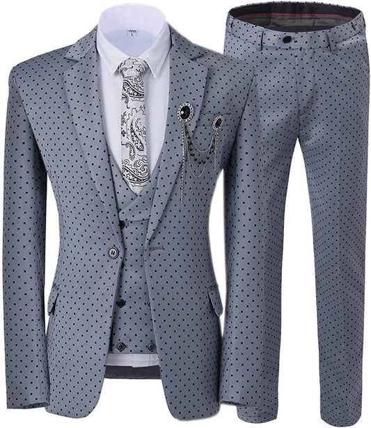 Gray Three-Piece Notched Lapel Prom Suit with Black Dot