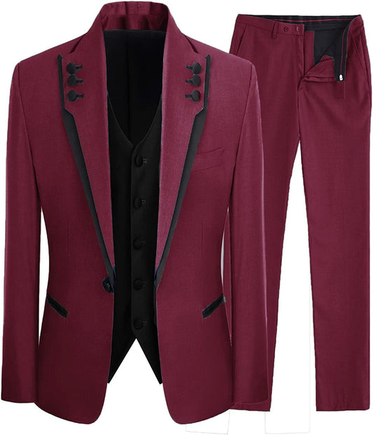 Burgundy Three-Piece Shawl Lapel Prom Suit