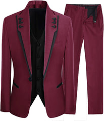 Burgundy Three-Piece Shawl Lapel Prom Suit