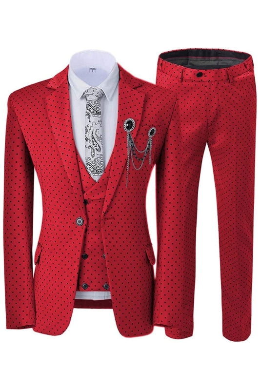 Glamorous Red Notched Lapel 3-Piece Prom Suit with Black Dot