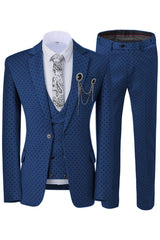 Fashion Navy Blue Notched Lapel 3-Piece Prom Suit with Black Dot