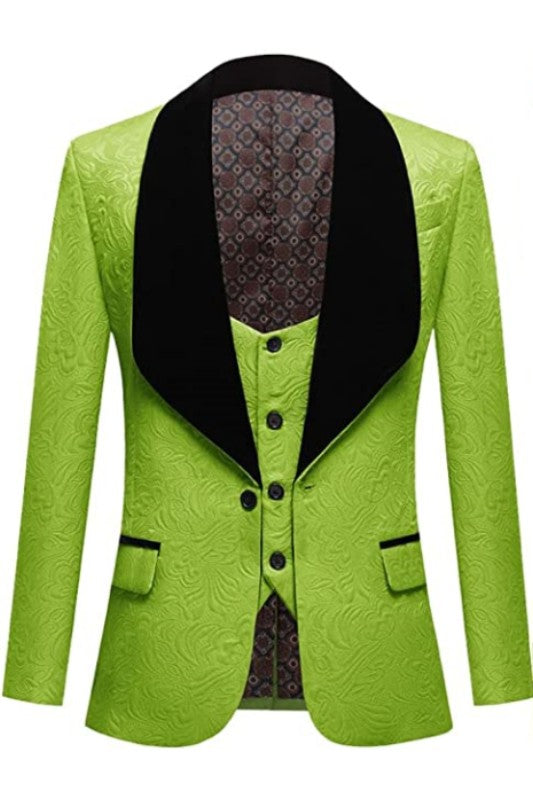 Stylish Green 3-Piece Jacquard Wedding Suit with Black Velvet Shawl Lapel