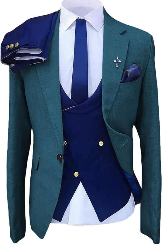 Teal Blue Three-Piece Notched Lapel Prom Suit